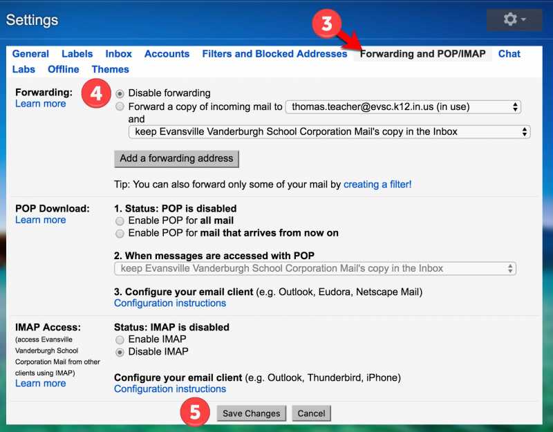 Turn off Gmail Forwarding - Steps 3-5